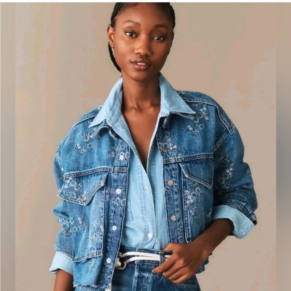Anthropologie Pilcro utility Blue Denim embroidered Jacket